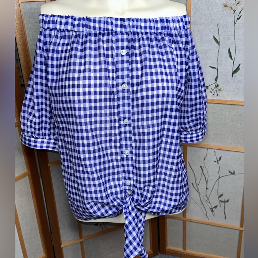 Blue Gingham Checkered Fabric top. Off or on the shoulder zise median.